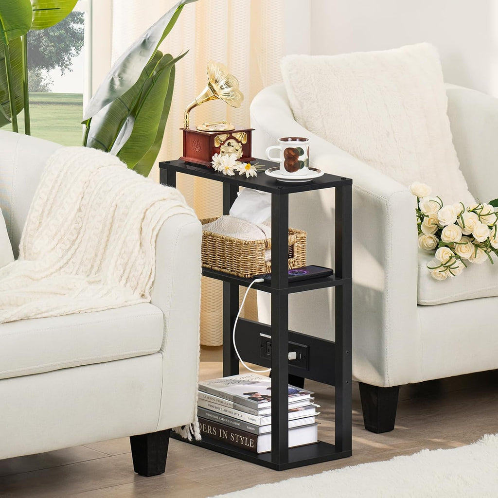 YUFAM 3-Tier Narrow Bedside Table Set 2 for Small Spaces, Skinny Nightstand | Thin Side Table with Charging Station, Slim End Table with USB & Outlets, Easy Assembly for Couch, Living Room, Bedroom,Black