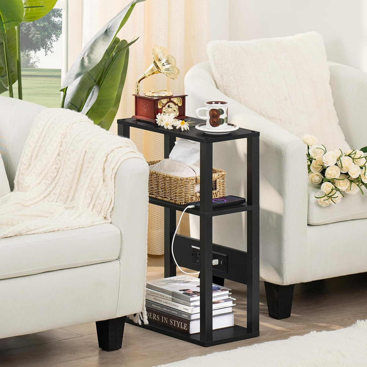 YUFAM 3-Tier Narrow Bedside Table Set 2 for Small Spaces, Skinny Nightstand | Thin Side Table with Charging Station, Slim End Table with USB & Outlets, Easy Assembly for Couch, Living Room, Bedroom,Black