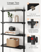 ALLZONE Adjustable Tall Narrow Bookshelf, 5-Tier Floor-to-Ceiling Tension Mount Ladder Book Shelf with Storage for Versatile Uses, Fits 92-116 Inch Ceilings, 27.84-Inch Wide Wood Shelves, Black Relief