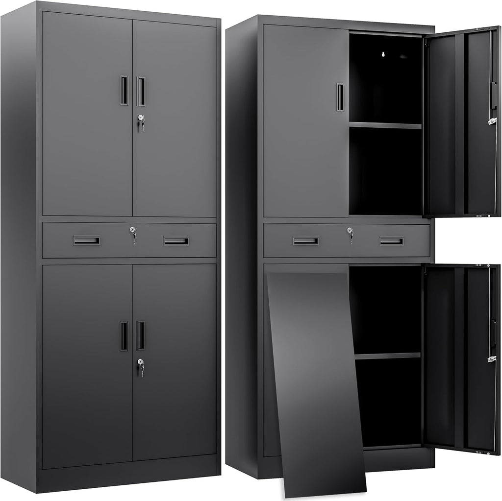 BESFUR Metal Storage Cabinet with a Drawer 4 Doors and 2 Adjustable Shelves Garage Storage Cabinet with Lock 71" Office Storage Cabinets Locking Cabinets for Garage Office Shop Home (Black)
