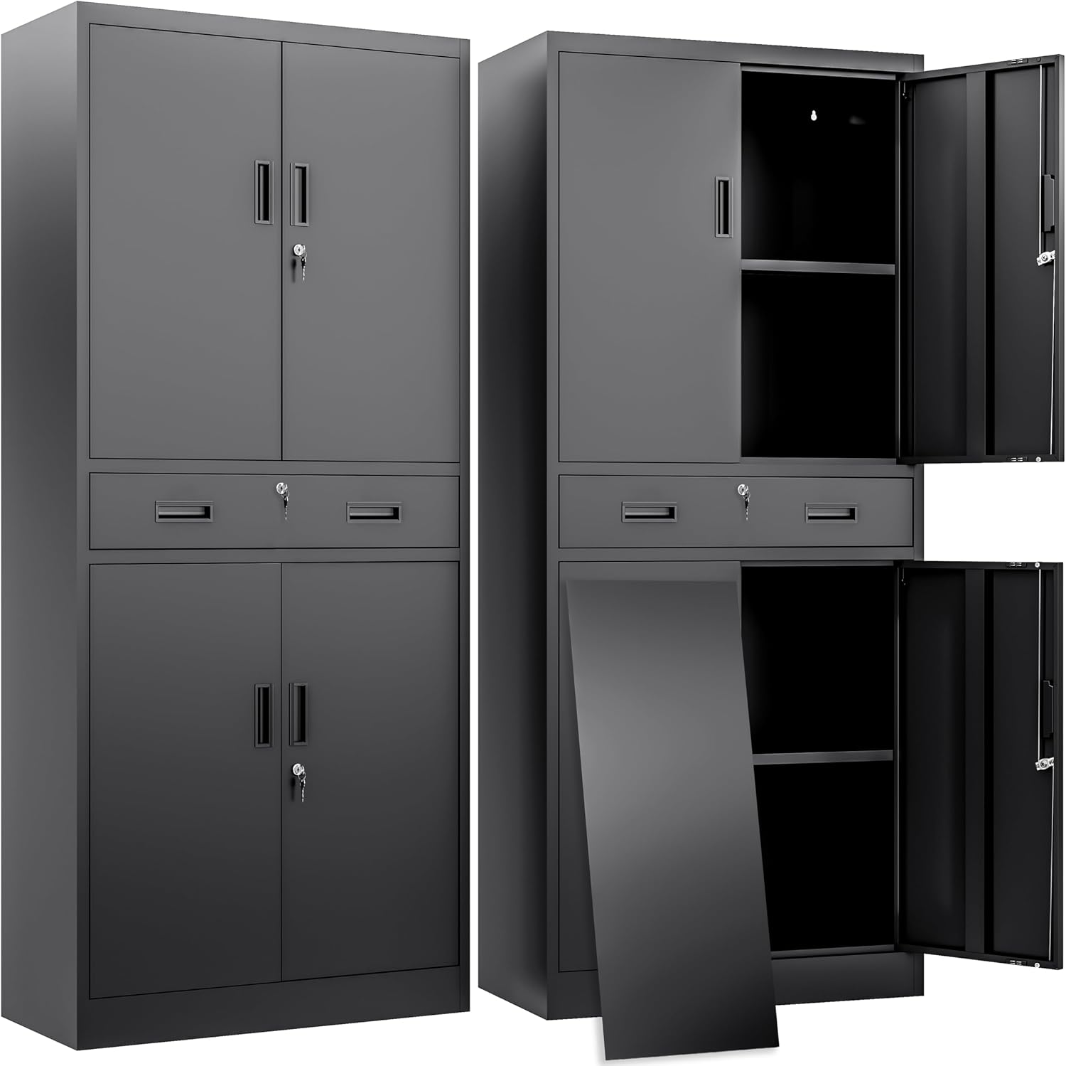 BESFUR Metal Storage Cabinet with a Drawer 4 Doors and 2 Adjustable Shelves Garage Storage Cabinet with Lock 71" Office Storage Cabinets Locking Cabinets for Garage Office Shop Home (Black)
