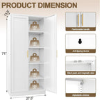 71" Tall Kitchen Pantry Cabinet, White Metal Kitchen Pantry Storage Cabinet with Doors and 4 Adjustable Shelves, Freestanding Pantry Cupboard for Living, Dining Room, Kitchen