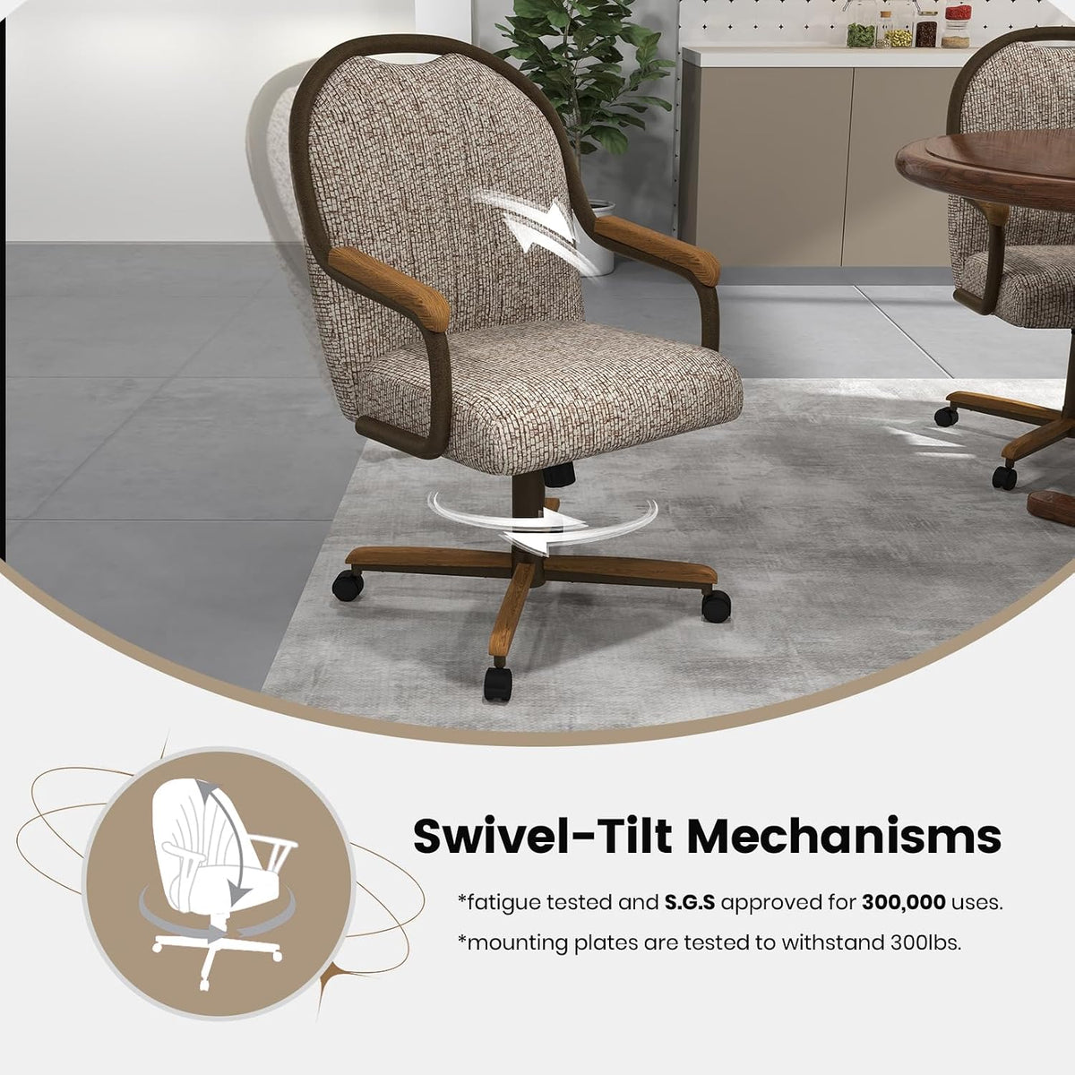 Chromcraft D7775 4pc Swivel Tilt Kitchen Dining Chair - Bronze-Chestnut | Premium Seating with Caster Wheels and Wooden Arms - Classic Rolling Comfort for Dining Room Elegance