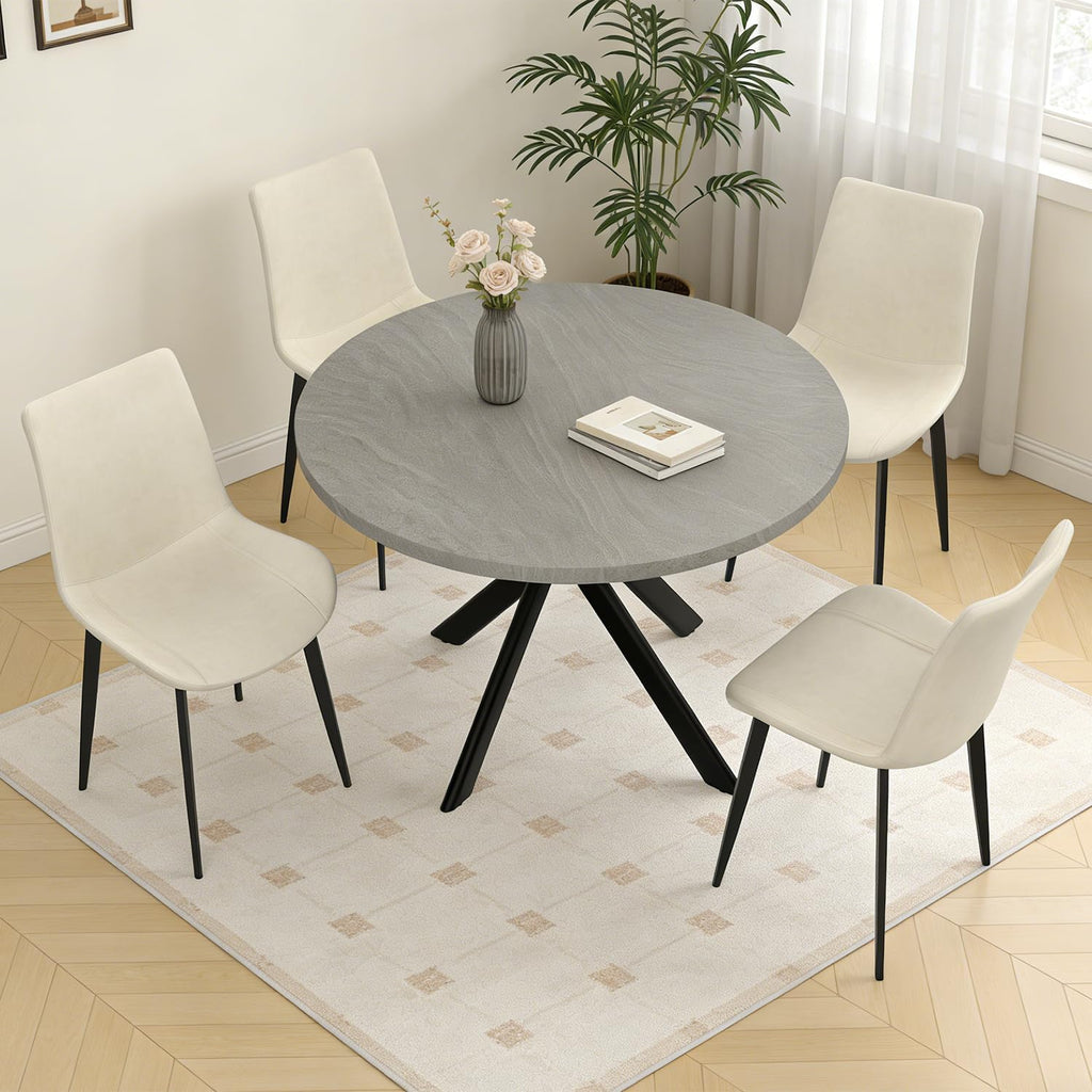 44" Round Dining Table with Chair Set for 4, Modern Mid-Century Dining Table Set of 4, Cozy Dinette Sets with Metal Leg for Kitchen Dining Room Apartment(Gray Table + Beige Chairs) | Cushioned Minimalist Beige Chairs of 4, Mid-Century Grey Tabletop