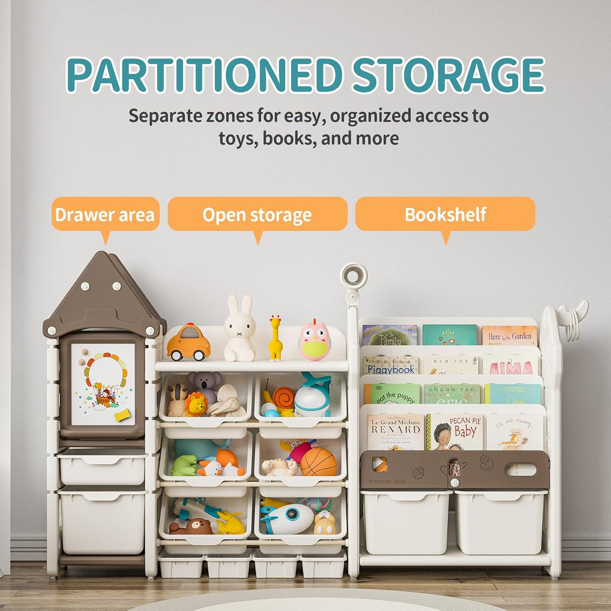 UNICOO Kids Toy Storage Organizer with Bookshelf, 14-Bin Playroom Organizer and Bookcase, HDPE Toddler Storage Shelf with Drawing Board, for Nursery, Bedroom and Playroom (Brown)