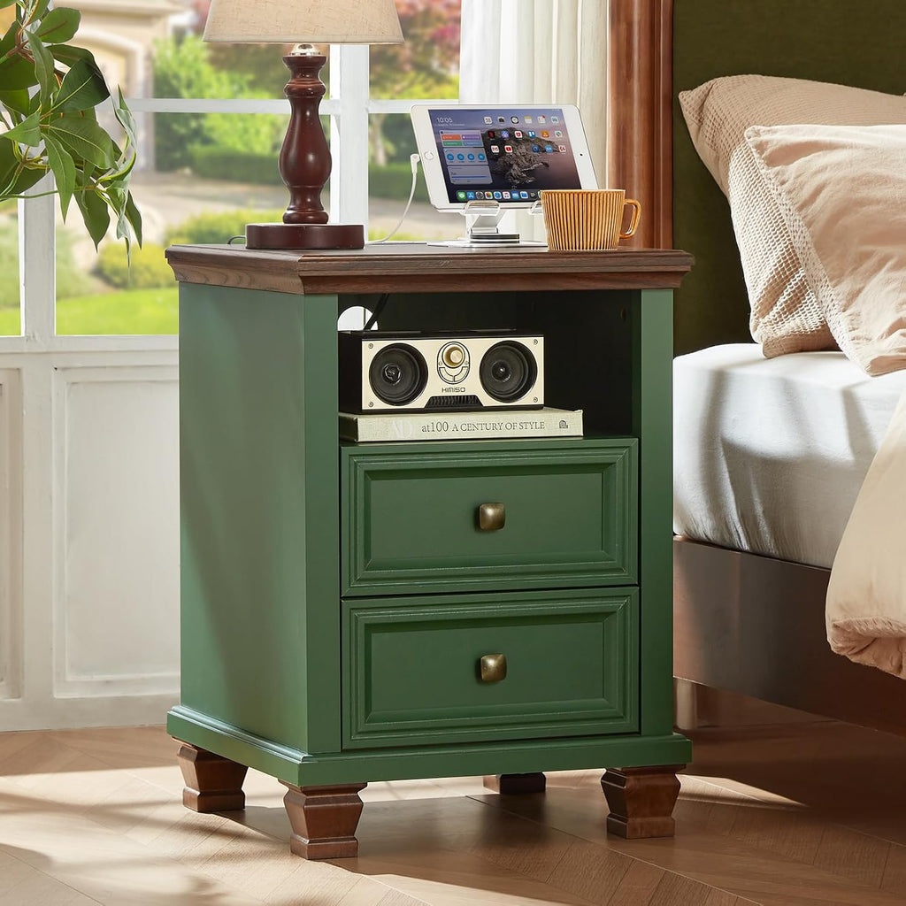 SAVOR LIFE Farmhouse Nightstand Set of 2 with Charging Station, Green | End Tables Bedroom with 2 Drawers, Traditional Night Stand with Open Shelf & Thickened Top & Square Wooden Legs