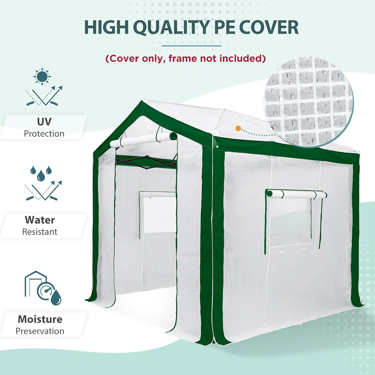 EAGLE PEAK Replacement Cover for 8x6 Portable Pop up Greenhouse with Polyester Reinforced Corners, Front Roll-Up Zipper Entry Door and 3 Large Roll-Up Side Windows (Frame Not Included), Green/White