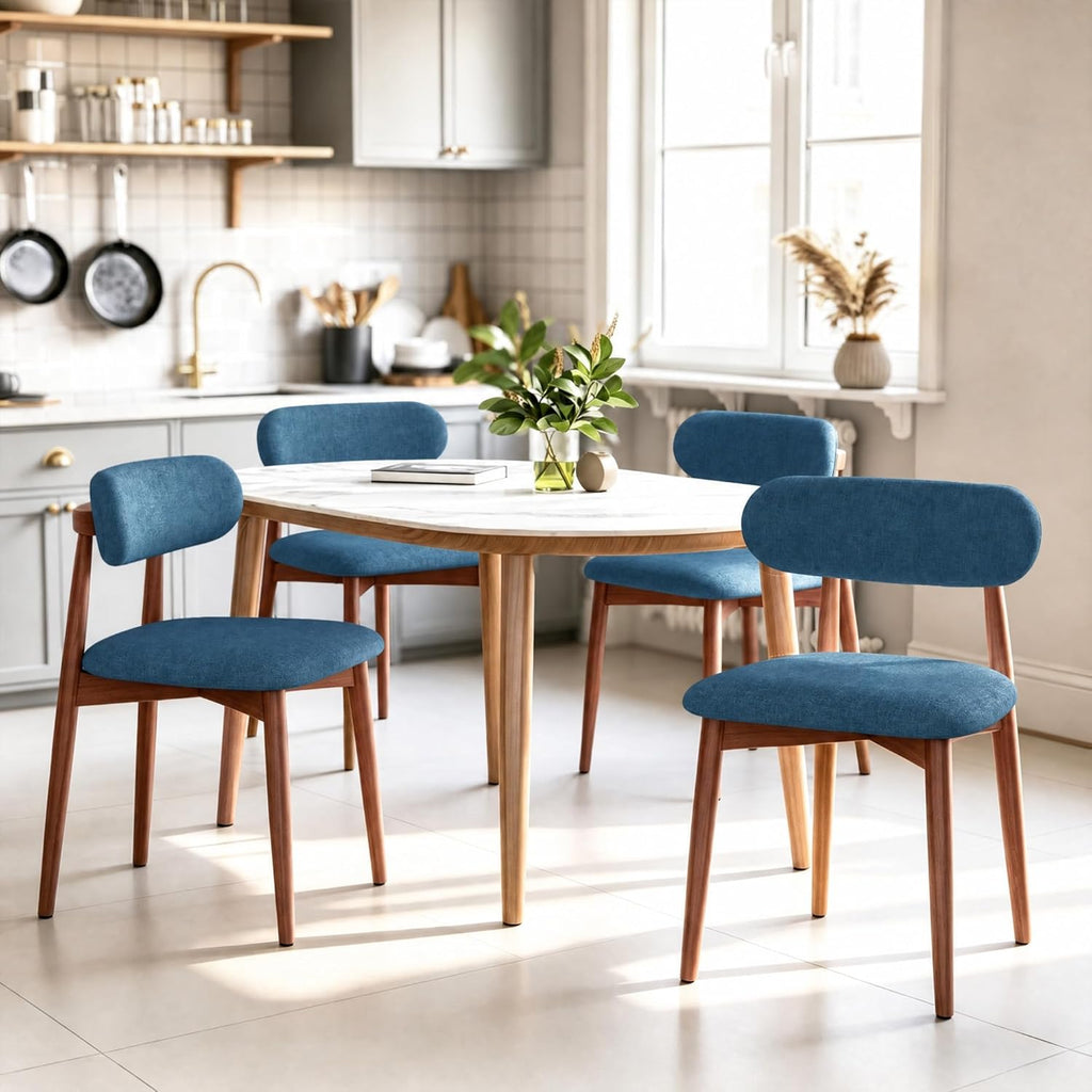 Wooden Dining Chairs Set of 4, Mid Century Modern Upholstered Kitchen Chairs with Solid Wood Legs, 350lb Heavy Duty Padded Side Chairs for Dining Room & Vanity, Blue
