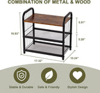 Shoe Rack, 3-Tier Shoe Organizer with Guardrails, Heavy-Duty Metal Mesh Shelves & Rustic Wooden Top for Stylish Closet & Front Door Storage