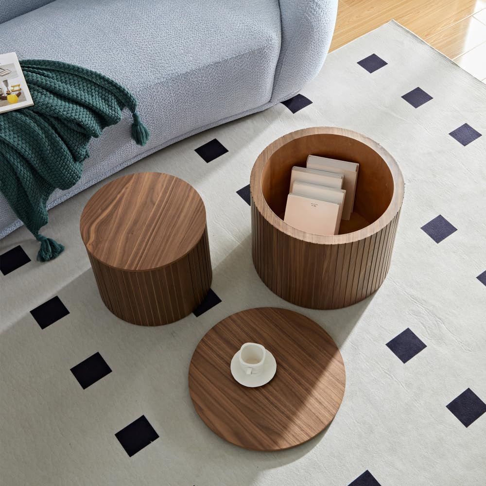 Nesting Coffee Tables Set of 2, Walnut MDF, Handcrafted Round Design | 2-Piece Nested Table Set with Space-Saving Round Design for Living Room or Lounge Area