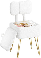 Small Vanity Chair with Storage, Vanity Stool with Folding Back, Chair for Vanity, Footrest Footstool Ottoman, Teddy Fleece Vanity Stool for Makeup, Bedroom, Living Room, White