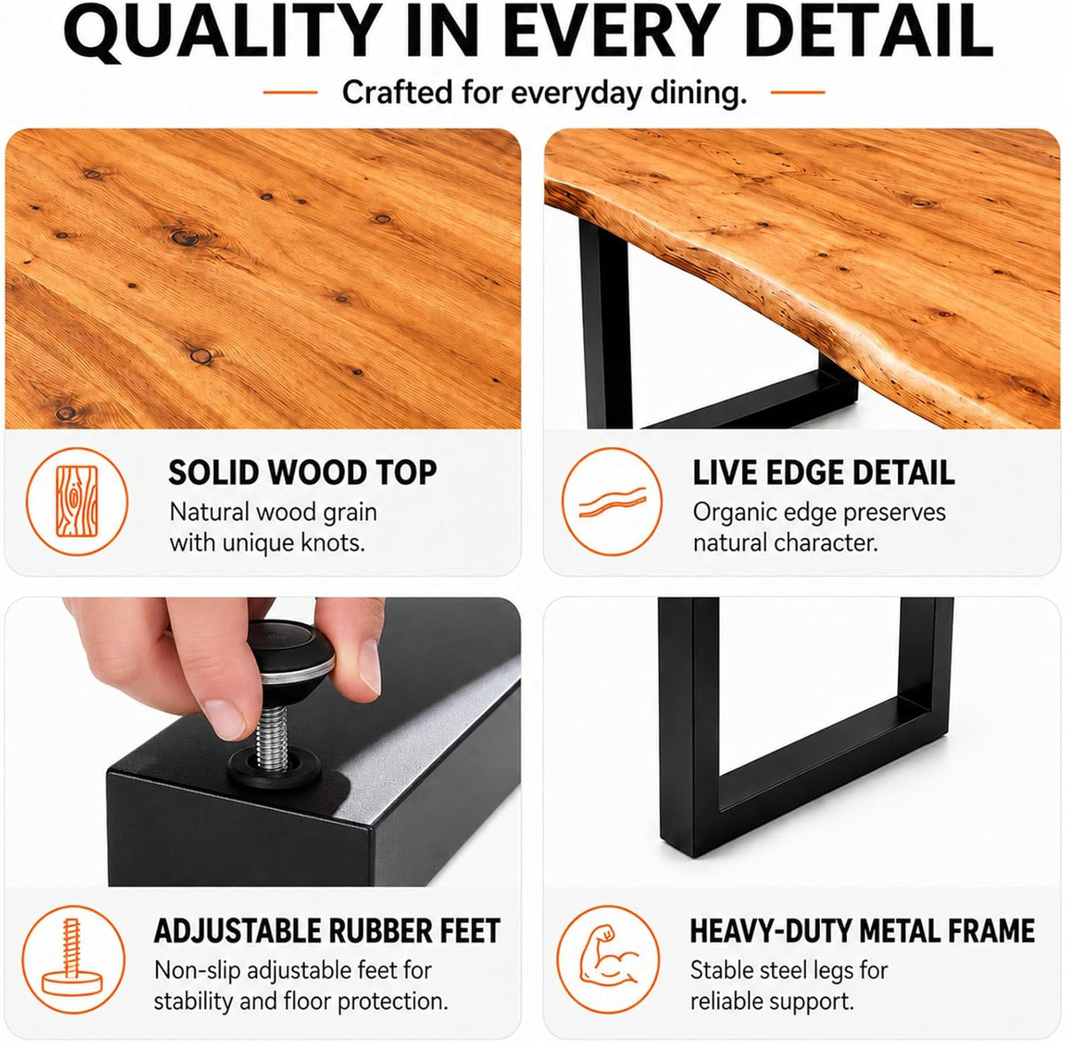 Farmhouse Live Edge Dining Table, Solid Wood Dining Table with 2" Table Top & Metal Base, Wood Slab Industrial Live Edge Desk for Kitchen & Dining Room 2,4,6 People (63 * 31.5 * 29.5IN)