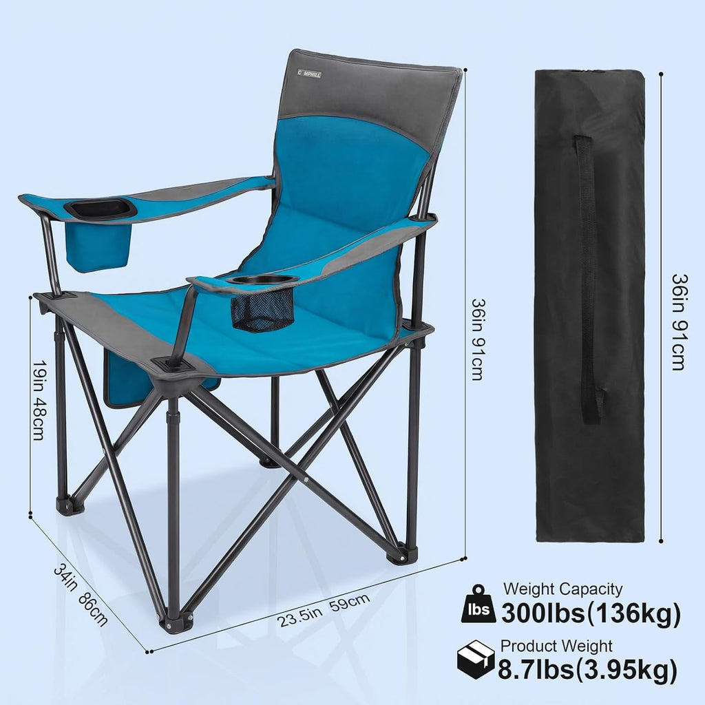 Oversized Camping Chair for Adults - 2 Pack Padded Lawn Chairs with Cup Holder & Side Pocket,Heavy Duty Folding Outdoor Chairs for Camp,Sports,Picnic,Beach,Blue
