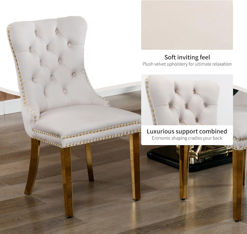 Velvet Dining Chairs Set of 6, Mid Century Tufted Dining Room Chairs with Nailhead Back Ring, Metal Legs, Modern Style for Kitchen, sillas de comedor (Beige, Golden Legs, 6 Pcs)