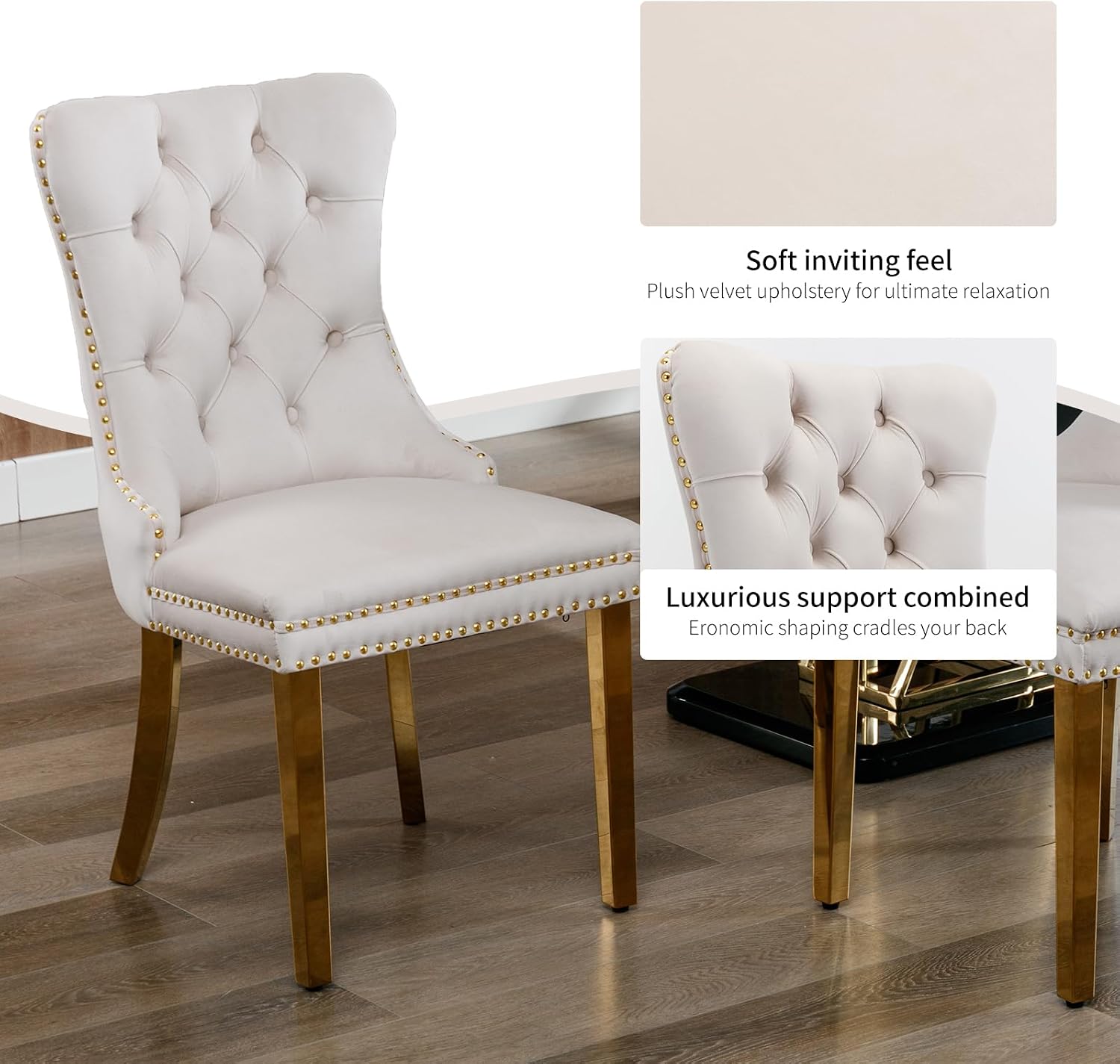Velvet Dining Chairs Set of 6, Mid Century Tufted Dining Room Chairs with Nailhead Back Ring, Metal Legs, Modern Style for Kitchen, sillas de comedor (Beige, Golden Legs, 6 Pcs)