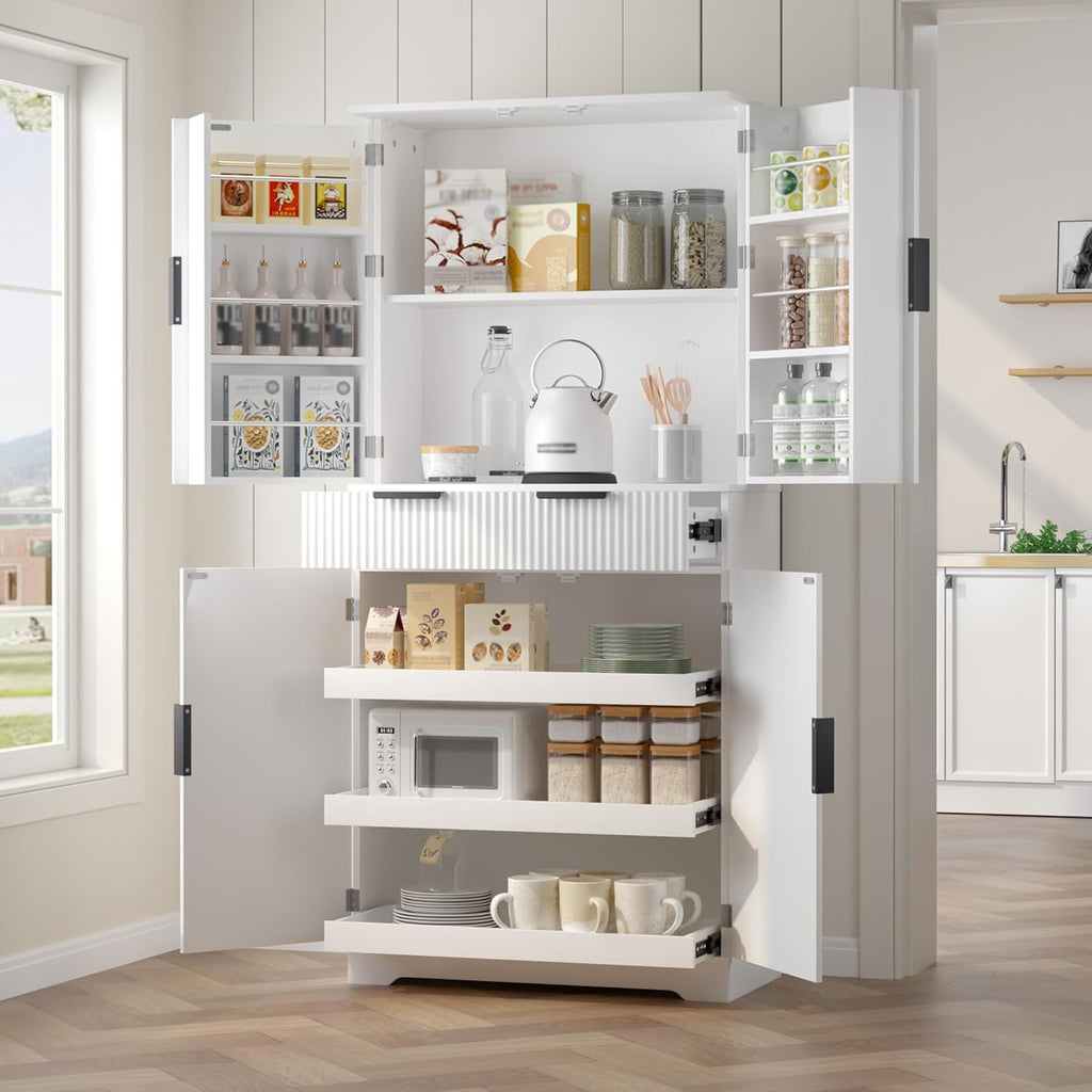 Modern Kitchen Pantry Cabinet, 71" Height Tall Freestanding Cupboard with a Drawer,3 Sliding Rack,6 Hanging Shelves,Fluted Kitchen Organizer Storage Cabinet for Dining Room Living Room (White-1)
