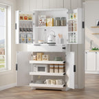 Modern Kitchen Pantry Cabinet, 71" Height Tall Freestanding Cupboard with a Drawer,3 Sliding Rack,6 Hanging Shelves,Fluted Kitchen Organizer Storage Cabinet for Dining Room Living Room (White-1)