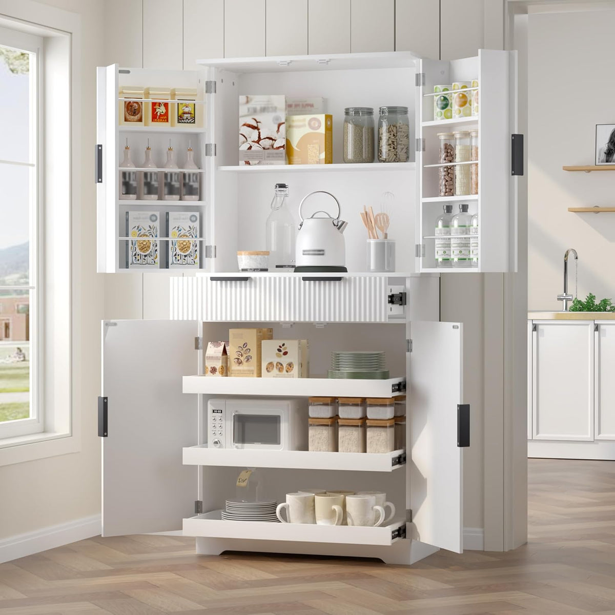 Modern Kitchen Pantry Cabinet, 71" Height Tall Freestanding Cupboard with a Drawer,3 Sliding Rack,6 Hanging Shelves,Fluted Kitchen Organizer Storage Cabinet for Dining Room Living Room (White-1)