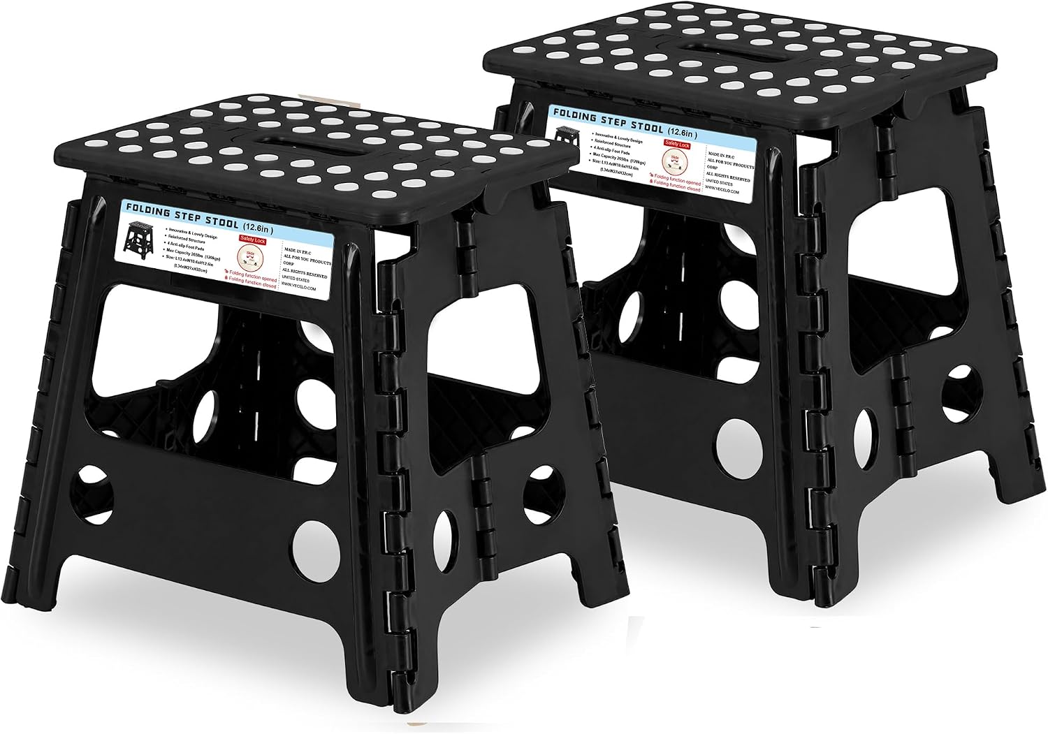 VECELO Folding Step Stool 13 Inch, Non-Slip Surface Portabl Foldable 1 Step Stool with Carry Handle, Heavy Duty to Support Kids/Toddler/Adults for Living Room Kitchen, Bathroom, Set of 2, Black