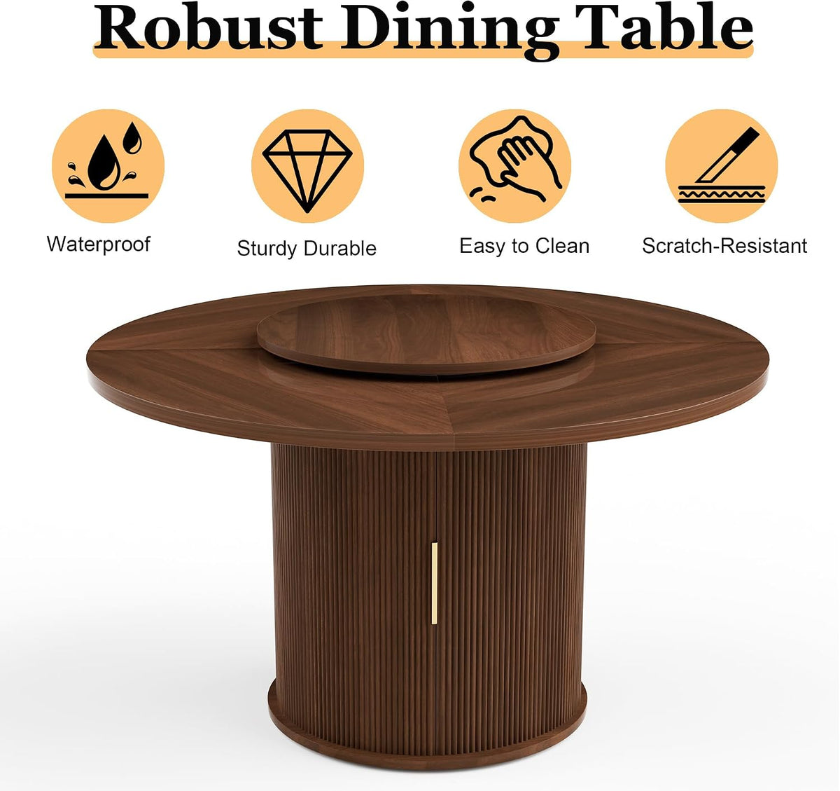 55'' Round Dining Table for 4-6, Mid-Century Modern Kitchen Table with Rotating Tray and 2-Layer Storage Shelf, Wood Slide Door Dining Room Table for Home Living Room, Walnut