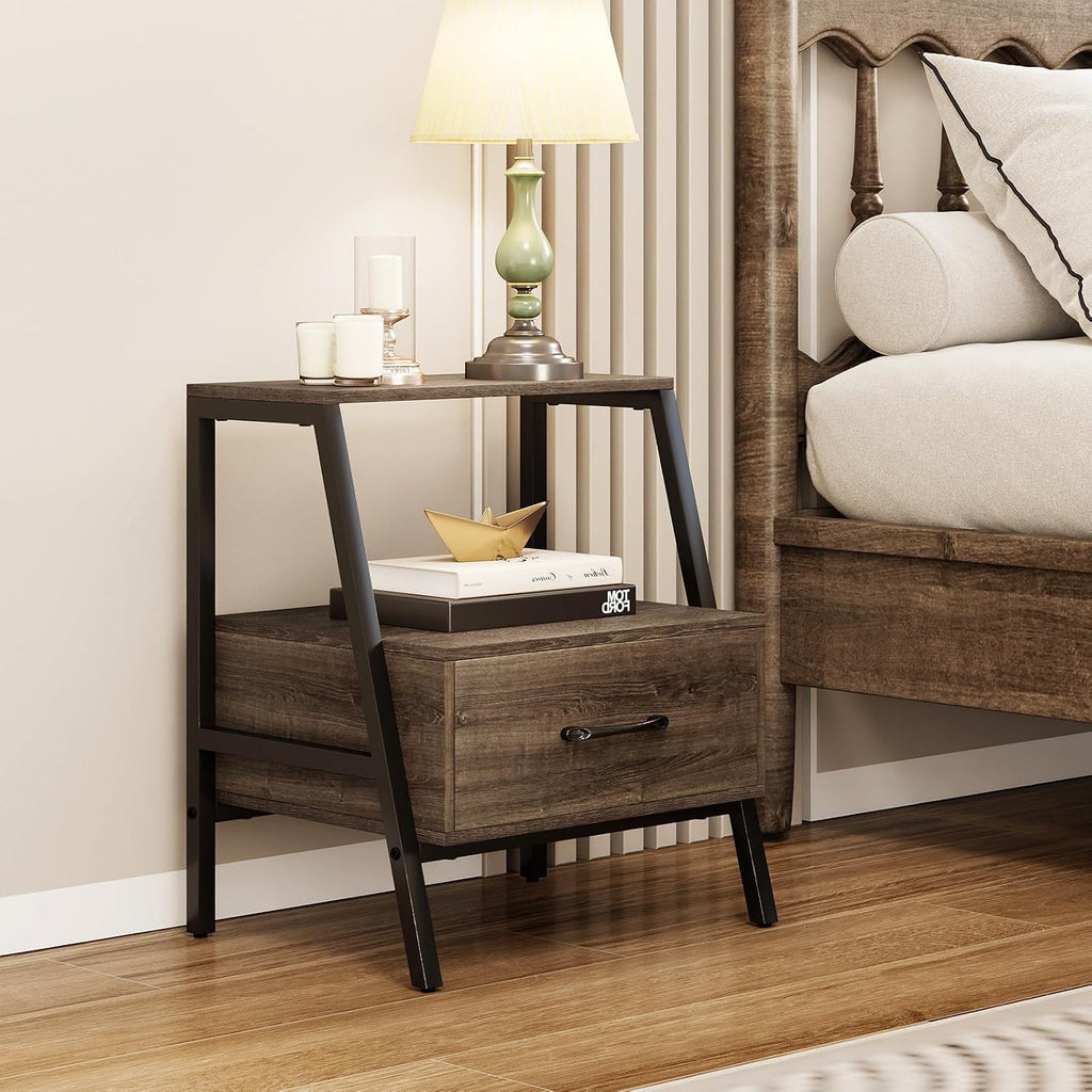 Giantex Farmhouse Nightstand with Drawer and Open Shelf, 2-Tier Bedside Table with Metal Frame, Stable End Table for Bedroom or Living Room, Rustic Gray