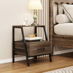 Giantex Farmhouse Nightstand with Drawer and Open Shelf, 2-Tier Bedside Table with Metal Frame, Stable End Table for Bedroom or Living Room, Rustic Gray