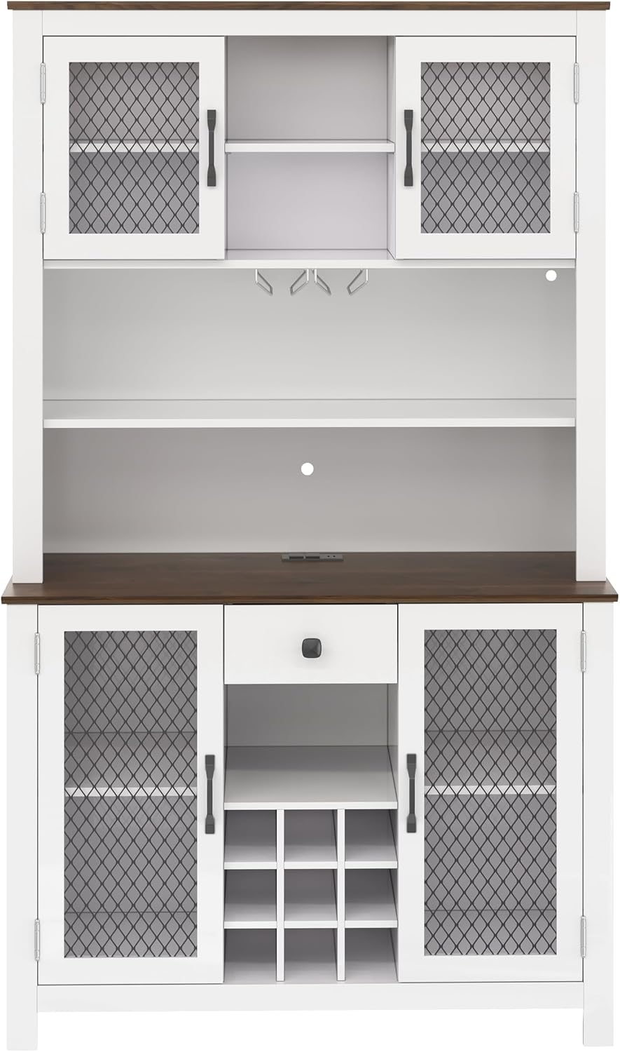 70.9" Kitchen Pantry Storage Cabinet, Rustic Bufft Cabinet with Doors and LED Outlets, Wooden Kitchen Hutch Cabinet with Shelves for Dining Room, White