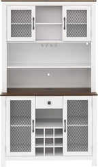 70.9" Kitchen Pantry Storage Cabinet, Rustic Bufft Cabinet with Doors and LED Outlets, Wooden Kitchen Hutch Cabinet with Shelves for Dining Room, White