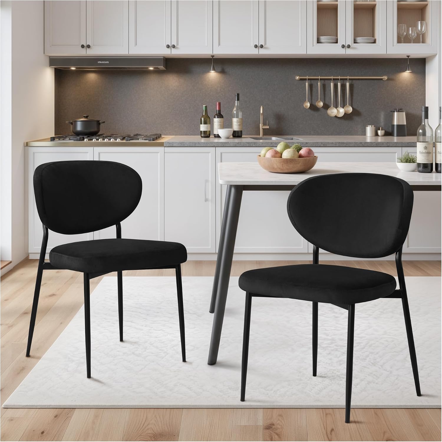 STOOLINK Black Velvet Dining Chairs Set of 2, Upholstered Kitchen Chairs | Modern Dining Room Chairs w/ 58D Memory Foam Seat, Curved Back, Adjustable Foot Pins, for Living Room, Restaurant, 330LBS