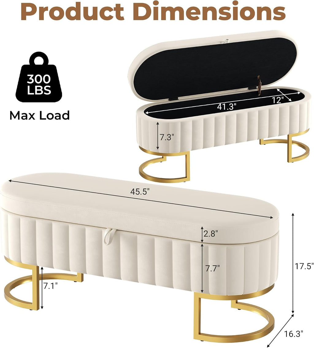 Storage Ottoman Bench, 45" Velvet End of Bed Bench Bedroom Bench with Golden Metal Legs, Upholstered Storage Bench for Bedroom Living Room Entryway and Window, Beige