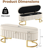 Storage Ottoman Bench, 45" Velvet End of Bed Bench Bedroom Bench with Golden Metal Legs, Upholstered Storage Bench for Bedroom Living Room Entryway and Window, Beige