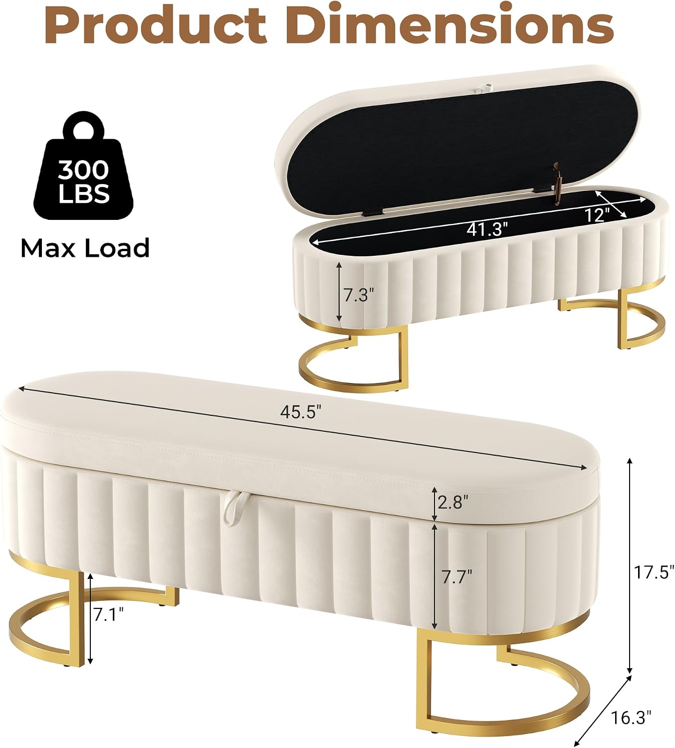Storage Ottoman Bench, 45" Velvet End of Bed Bench Bedroom Bench with Golden Metal Legs, Upholstered Storage Bench for Bedroom Living Room Entryway and Window, Beige