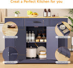 ONBRILL 47" Kitchen Island with Trash Can Storage, Include 2 Chairs, Blue | Stationary Island Table with Drop Leaf & Power Outlet, 3-Tier Spice Rack & Storage Cabinet with Adjustable Shelf