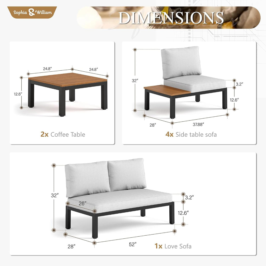 Sophia & William 7 Piece Metal Outdoor Sectional Sofa with Cushion, Patio Furniture Set with 4 x Single Sofa with Side Table, 2 x Coffee Table, Modern L-Shape Outdoor Couch for Deck Garden Backyard