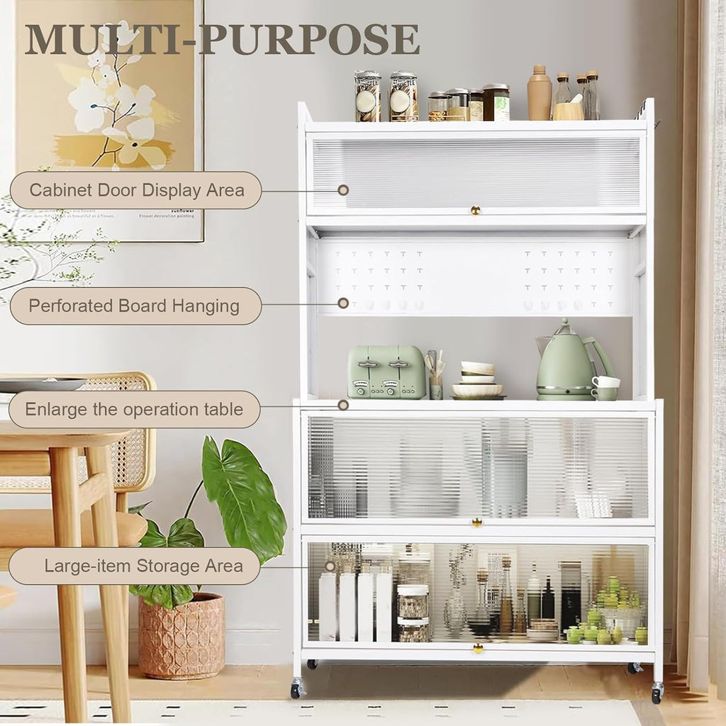 Kitchen Pantry Storage Cabinet with Shelf, Multi-Layer Metal Pantry Cabinet on Wheels, Modern Sideboard for Dining Room, Living Room