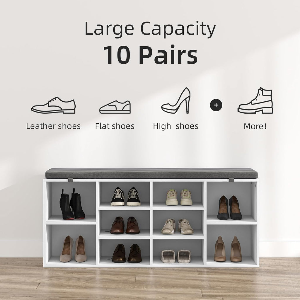 NUNU LAB Shoe Storage Bench, Shoe Bench with Removable Cushion 10 Cubbies, Space Saving Shoe Rack, 41 x 12 x 16.75 Inches, White