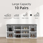 NUNU LAB Shoe Storage Bench, Shoe Bench with Removable Cushion 10 Cubbies, Space Saving Shoe Rack, 41 x 12 x 16.75 Inches, White