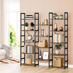 NUMENN Triple Column 5 Tier Bookshelf with 14 Adjustable Shelves, Vintage | Metal Frame & Wood Shelves, Open Freestanding Storage Unit with Supporting Bars for Bedroom, Living Room and Home Office
