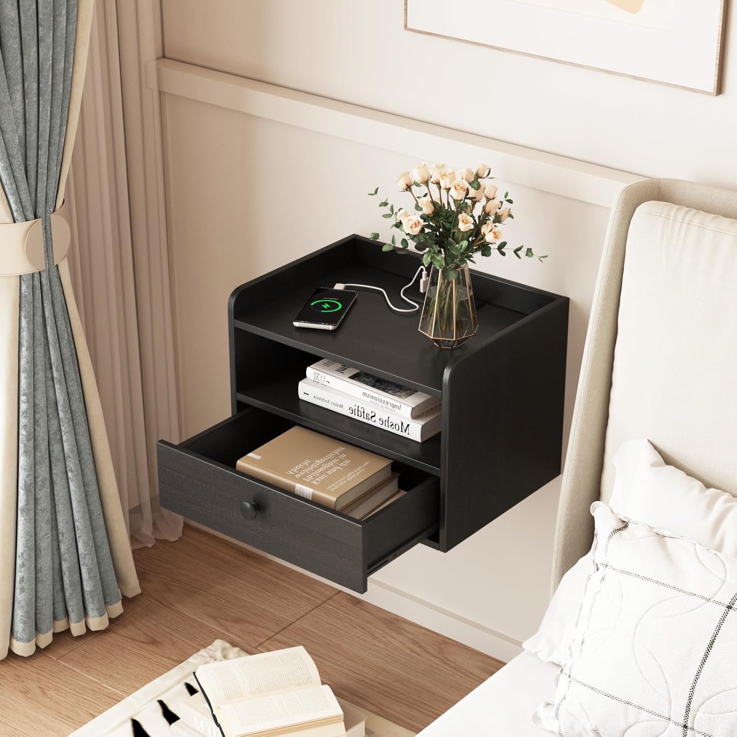 Floating Nightstand Set of 2 Modern Night Stands with Drawer and Open Shelf | Cubby Small Bedside End Table with Charging Station Wall Mounted Nightstands Set 2 for Bedroom Black