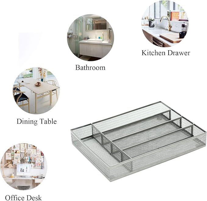 JANE EYRE Drawer Organizer, Cutlery Tray Silverware Flatware Storage Divider for Kitchen, Mesh Wire with Non-slip Foam Feet, 5 Component, Silver