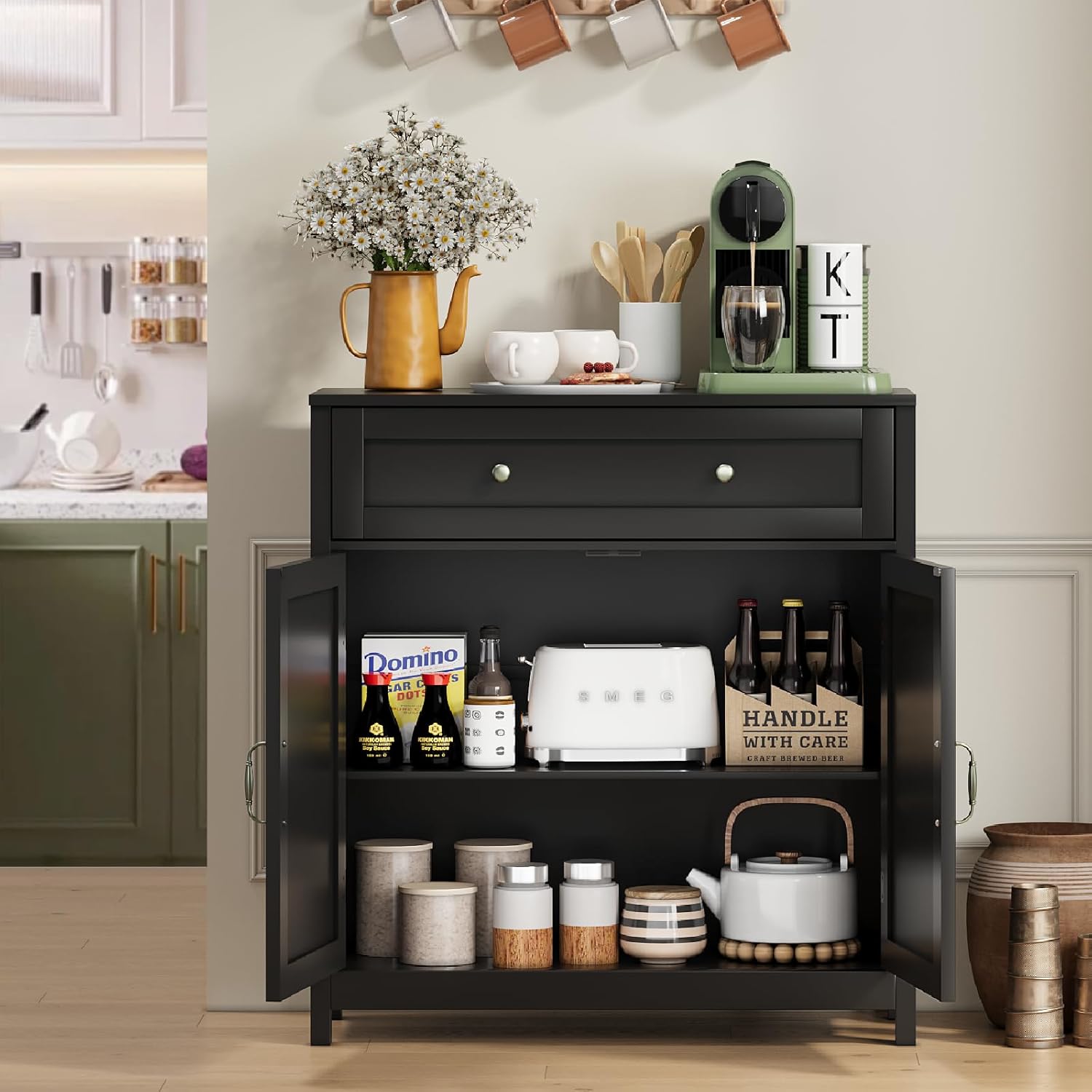 Semiocthome Farmhouse Sideboard Buffet Cabinet with Storage and Adjustable Shelf, Accent Table with Barn Door, Storage Cabinet for Kitchen, Dining Room, Bathroom, Entryway - Black
