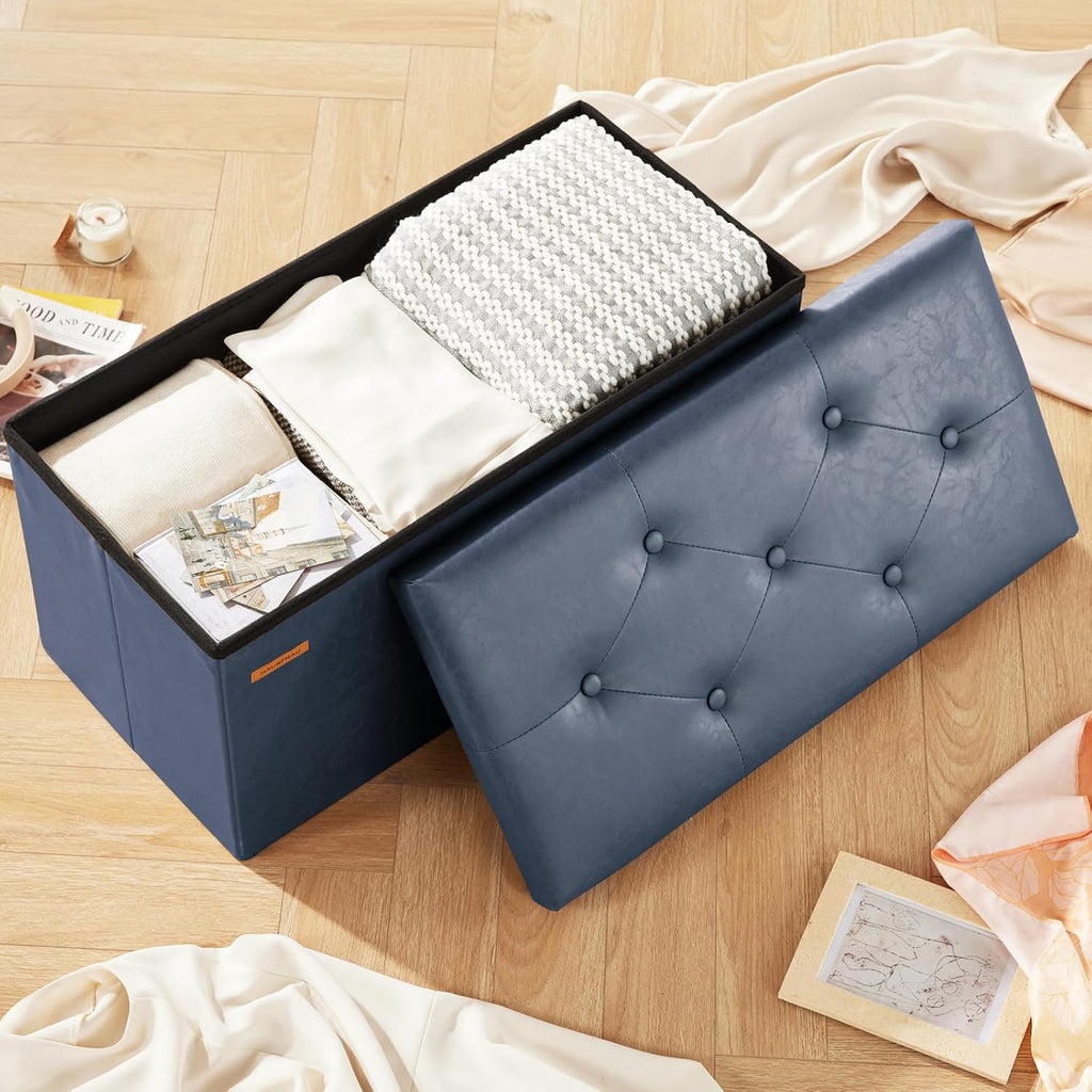 HAUSFRAU - Storage Ottoman Bench, 30 Inches Button Tufted Upholstered Ottoman Footstool with Storage for Living Room Bedroom Entryway, Load 660 lb, Synthetic Leather, Navy Blue