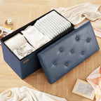 HAUSFRAU - Storage Ottoman Bench, 30 Inches Button Tufted Upholstered Ottoman Footstool with Storage for Living Room Bedroom Entryway, Load 660 lb, Synthetic Leather, Navy Blue