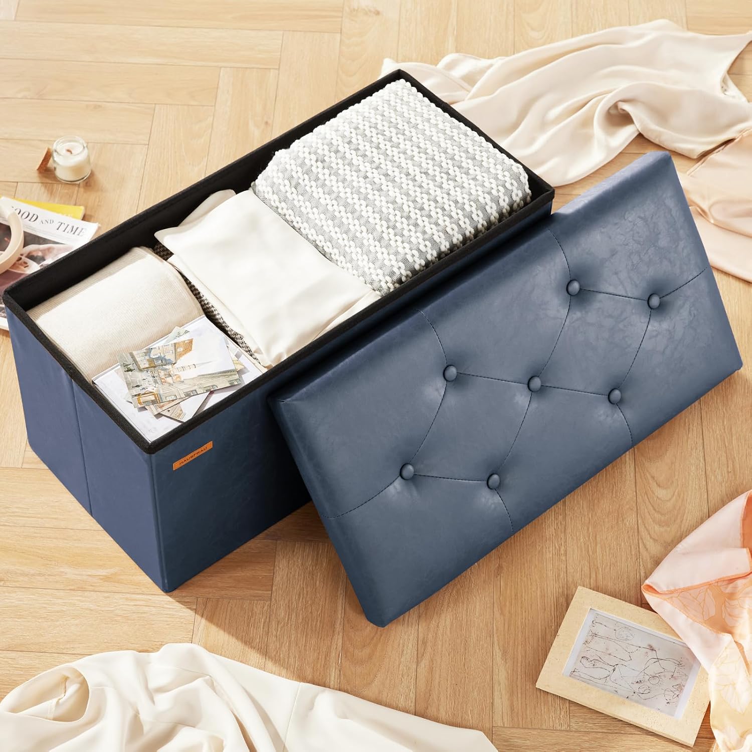 HAUSFRAU - Storage Ottoman Bench, 30 Inches Button Tufted Upholstered Ottoman Footstool with Storage for Living Room Bedroom Entryway, Load 660 lb, Synthetic Leather, Navy Blue