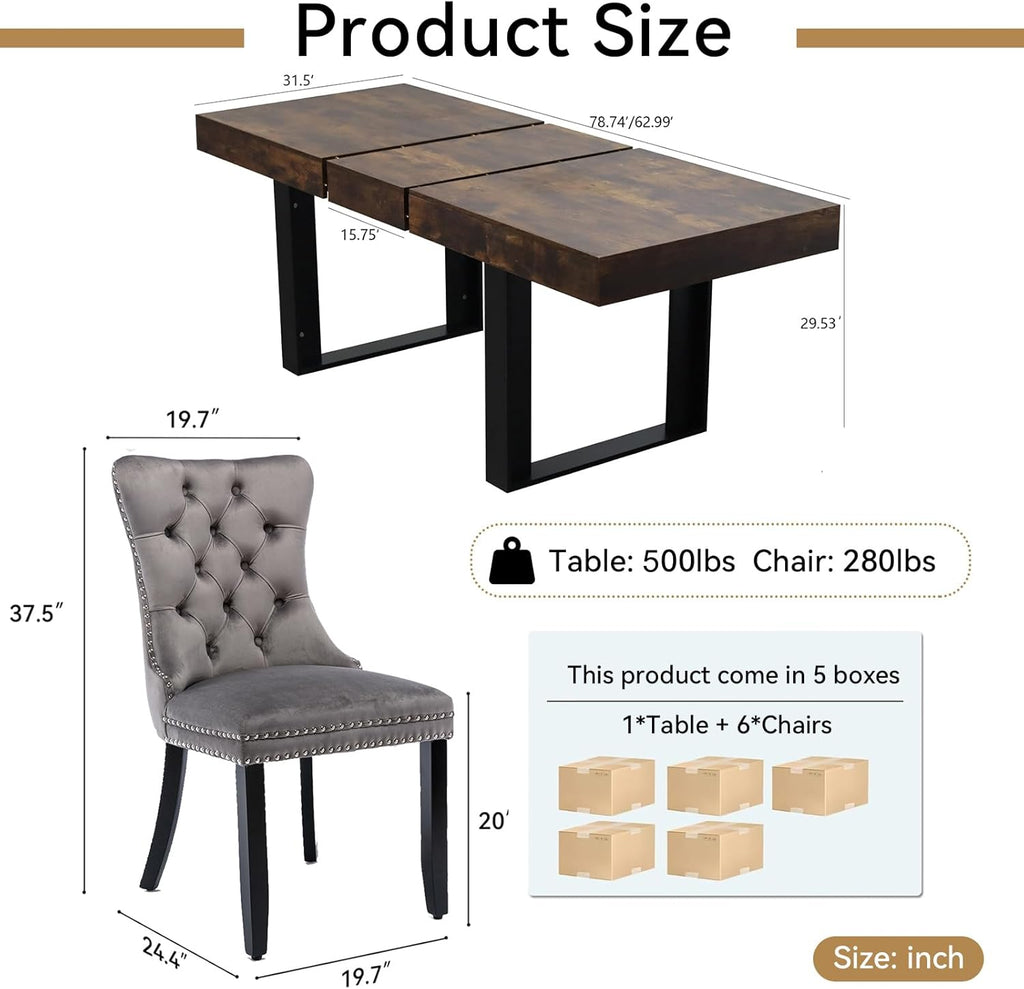 7-Piece Extendable Dining Table Set for 6, 63-78 Inch Rustic Brown Kitchen Table Set with 6 Grey Tufted Chairs Farmhouse Wood Expandable Dining Room Table Set 6 for Kitchen Dining