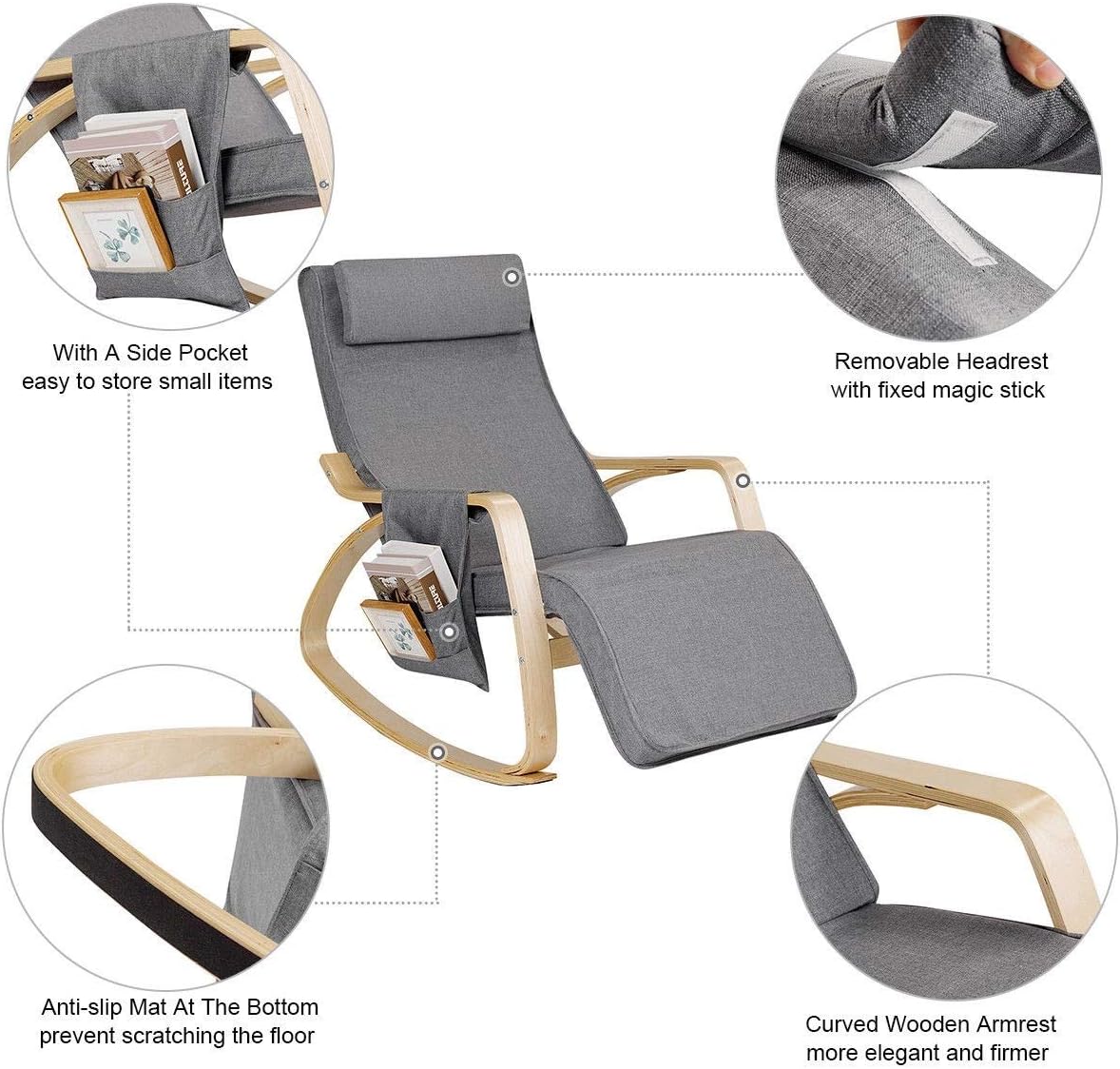 Relax Adjustable Lounge Rocking Chair with Pillow & Pocket Comfortable Armrest Backrest Adjustable Footrest