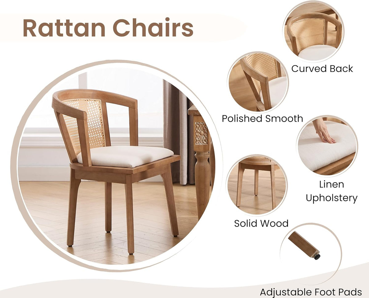 EALSON Rattan Mid Century Dining Chairs Set of 2 Modern Farmhouse Wooden Dining Room Chairs with Cane Curved Back Linen Fabric Upholstered Comfortable Kitchen Side Chairs for Restaurant, Beige