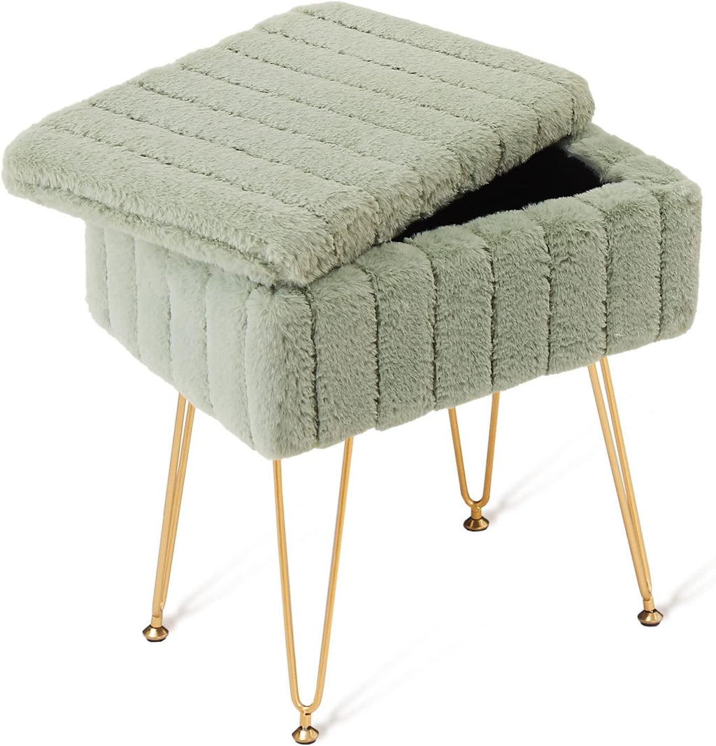 Wimarsbon Faux Mink Fur Storage Ottoman, Modern Soft Footstool, Storage Bench with Metal Legs, Vanity Seat, Fur Stool, Ottoman Coffee Table, Makeup Chair, Vanity Stools for Bedroom (Light Green) | Luxurious soft faux mink fur upholstery, Sleek golden