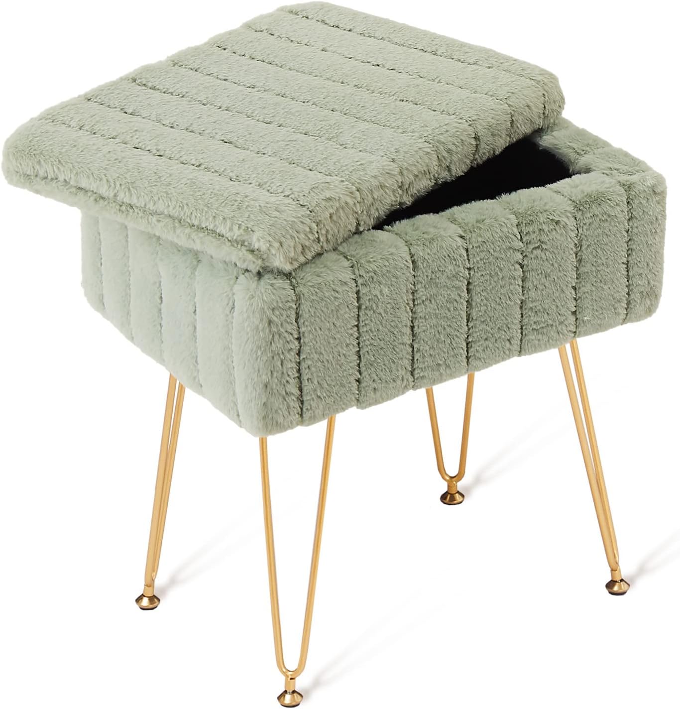 Wimarsbon Faux Mink Fur Storage Ottoman, Modern Soft Footstool, Storage Bench with Metal Legs, Vanity Seat, Fur Stool, Ottoman Coffee Table, Makeup Chair, Vanity Stools for Bedroom (Light Green) | Luxurious soft faux mink fur upholstery, Sleek golden