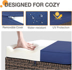 COOS BAY Harbor Retreat Wicker Outdoor Ottomans Set of 2, Patio Footrests with Removable Cushions for Couch, Deck, Backyard & Poolside, Brown/Blue